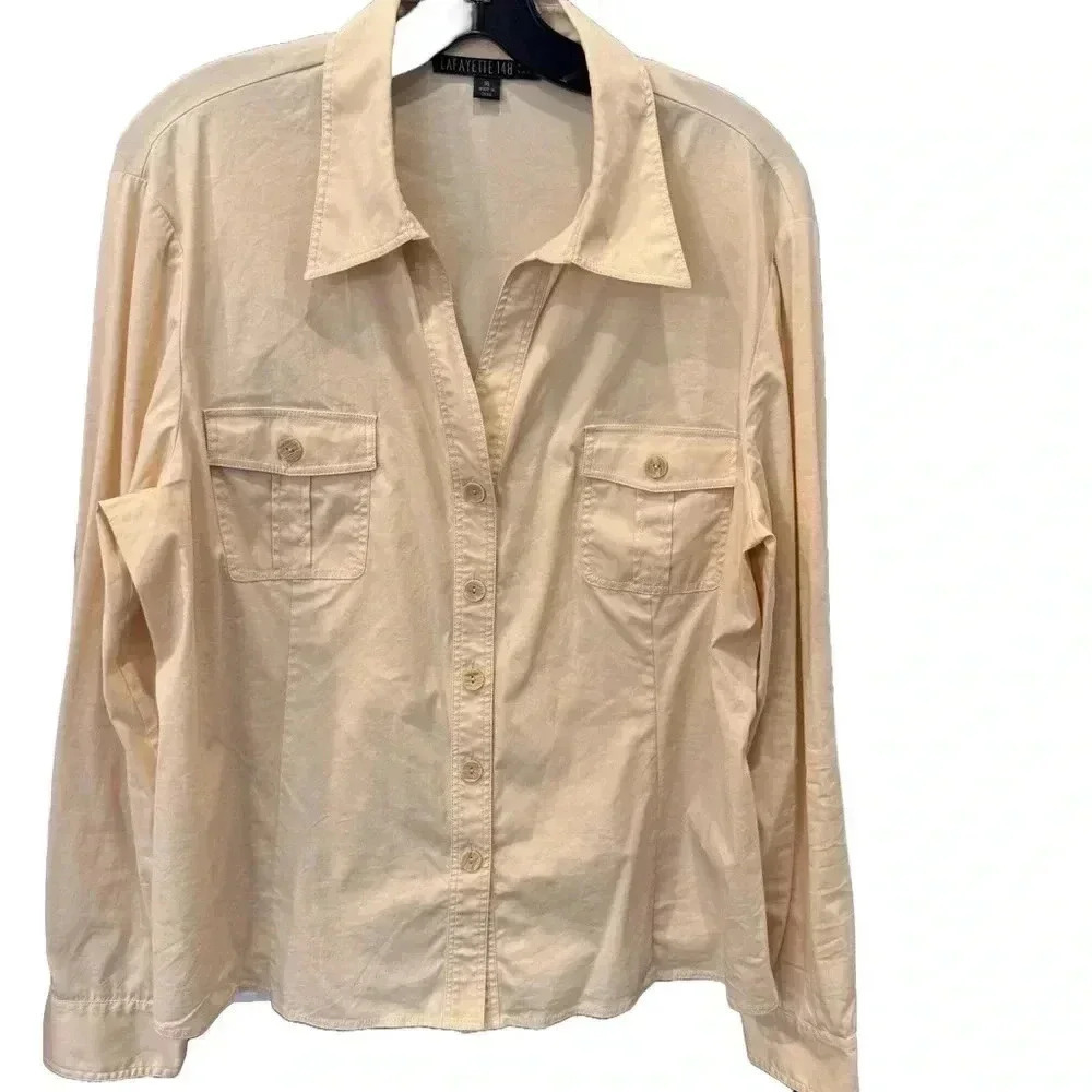 Lafayette 148 Button Down Shirt Womens Size 16 Ivory Cotton Top Collared Pockets